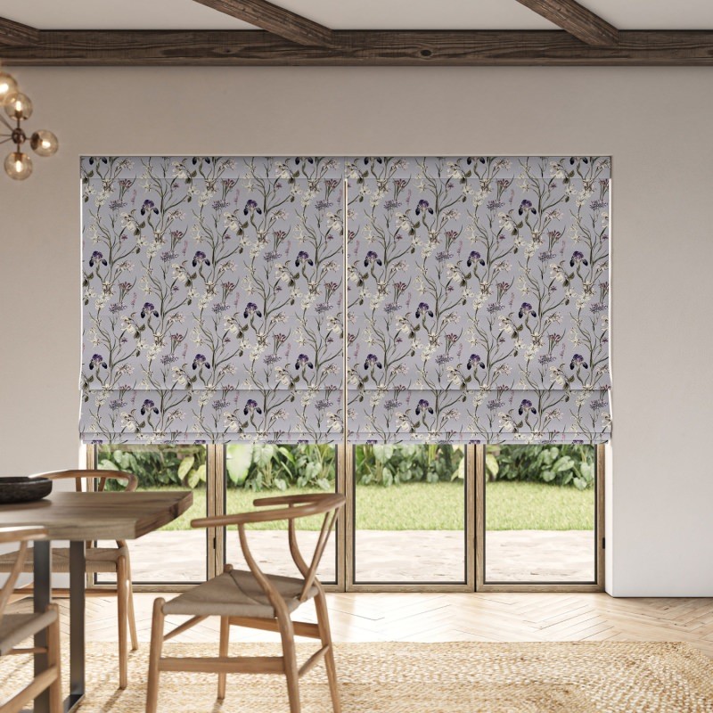 Iris Lavender Printed Roman Blind with a beautiful floral design in gentle, calming lavender hues
