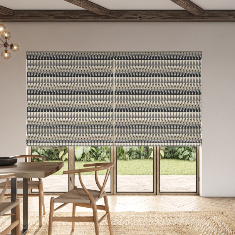 Jaden Monochrome Printed Roman Blind with a bold, abstract pattern in classic black and white