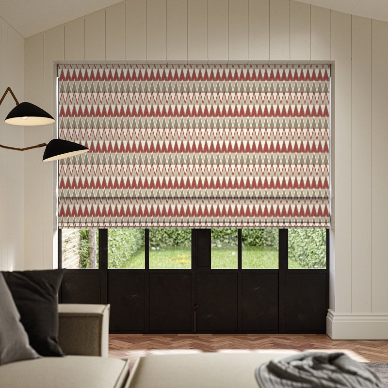 Jaden Ruby Printed Roman Blind with a stunning abstract design in a rich, jewel-toned ruby red
