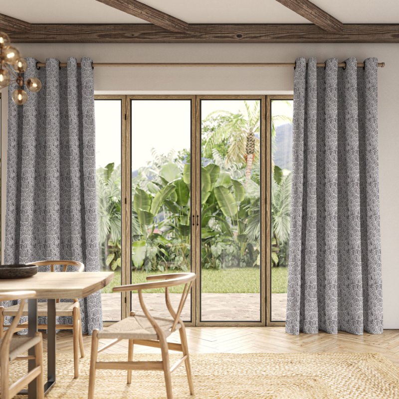 Jodie Grey Jacquard Curtain with a sophisticated grey jacquard weave, hanging in elegant folds.