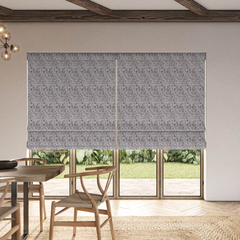 Jodie Grey Jacquard Roman Blind with a sophisticated grey jacquard weave and a neat, folded stack