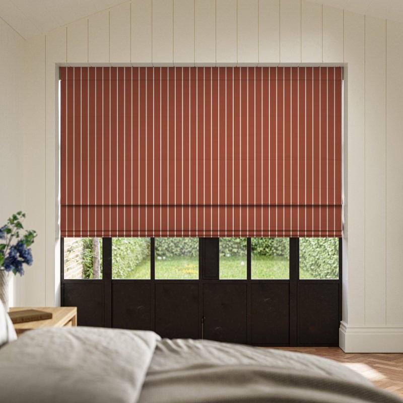 Karlie Merlot Printed Roman Blind with a beautiful, subtle pattern in a deep, wine-red hue