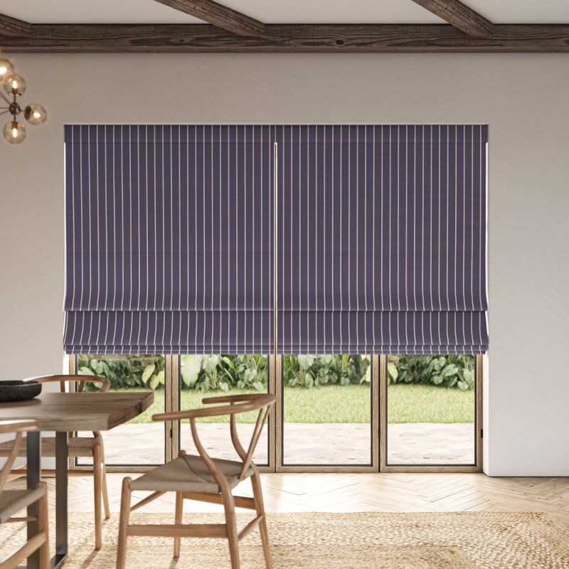 Karlie Mulberry Printed Roman Blind with a delicate, intricate pattern in a deep, warm purple-red