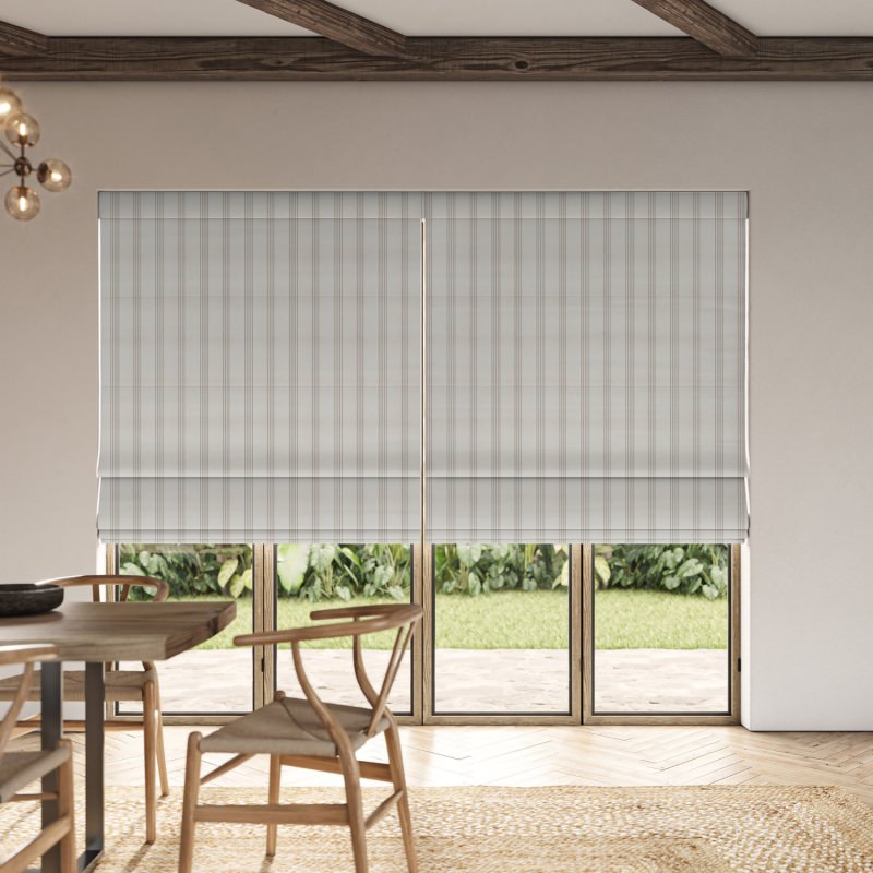 Lail Silver Embroidered Roman Blind in a sophisticated grey with an elegant, shimmering embroidered pattern