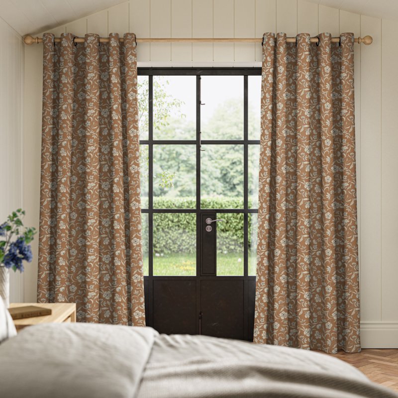 Lera Auburn Printed Curtain with an abstract watercolour-style print in deep, reddish-brown hues.