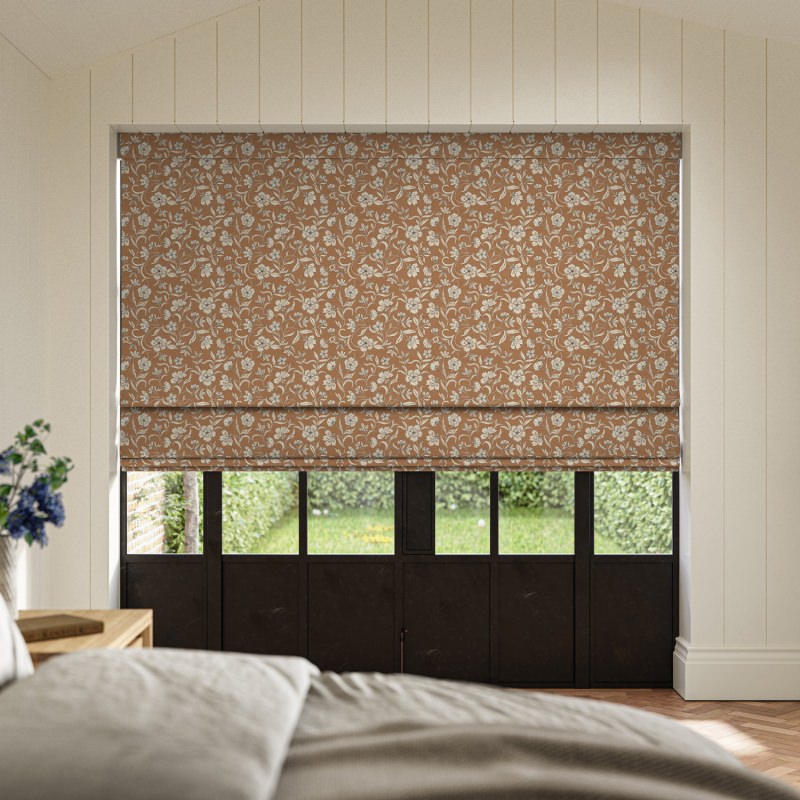 Lera Auburn Printed Roman Blind with an abstract watercolour-style print in deep, reddish-brown hues