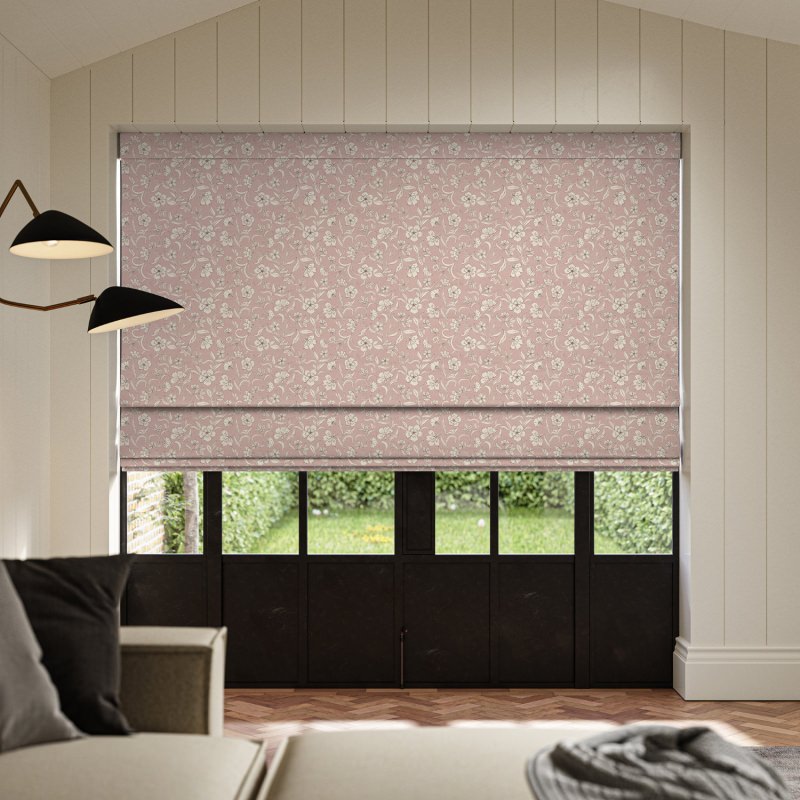 Lera Carnation Printed Roman Blind with a soft, watercolour-style print in beautiful carnation pinks