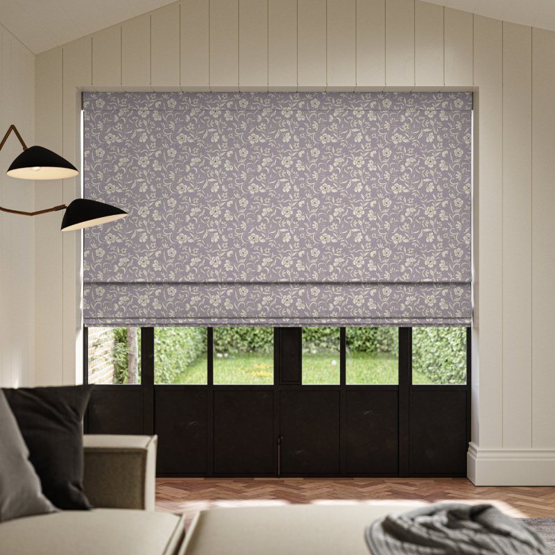 Lera Violet Printed Roman Blind with a beautiful, abstract watercolour design in shades of soft purple