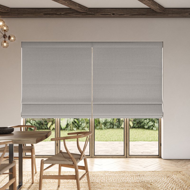 Lou Dove Plain Roman Blind, a gentle and warm light grey fabric, creating a calming look