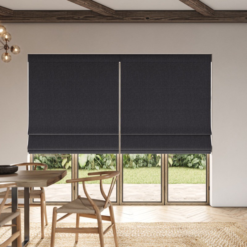 Lou Smoke Plain Roman Blind in a deep, chic, and sophisticated dark grey fabric