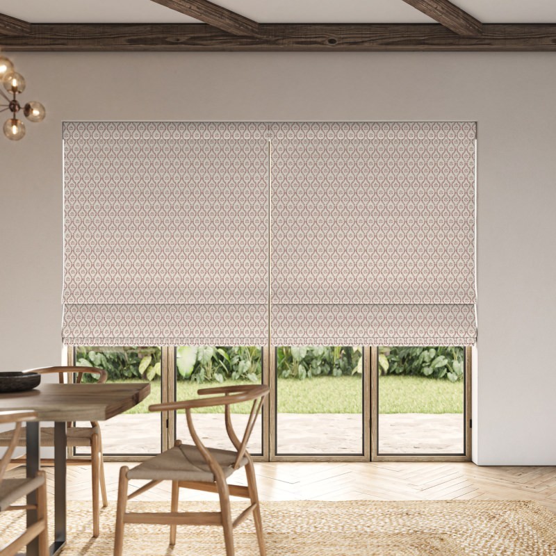 Margie Scarlet Printed Roman Blind with a stunning, large-scale floral pattern in a vibrant scarlet red