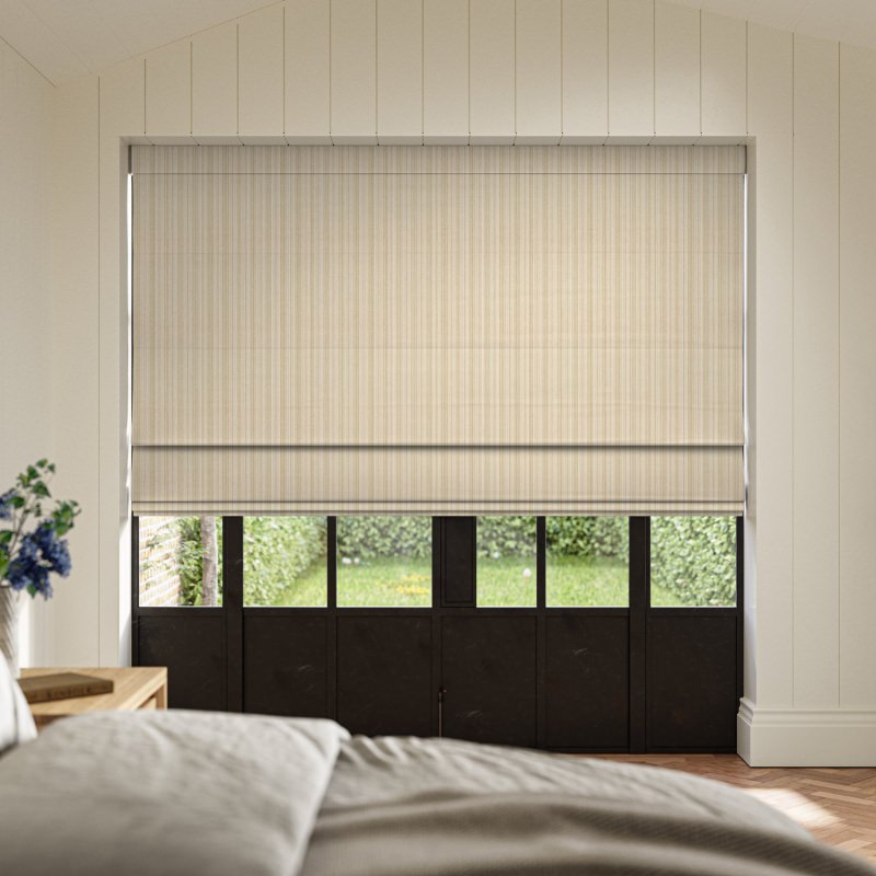 Mazeau Moss Woven Roman Blind in a deep, earthy green with a beautiful, crafted woven texture