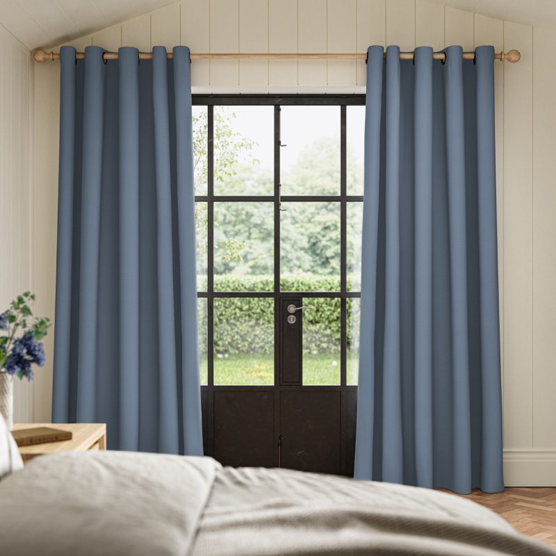 Meryl Danube Pocketed Curtain in a calm blue, showing the soft gathered rod pocket heading.