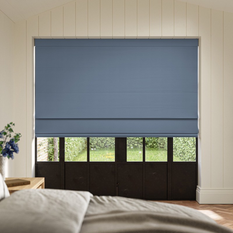 Meryl Danube Pocketed Roman Blind in a calm blue, showing the structured, contemporary pocketed design