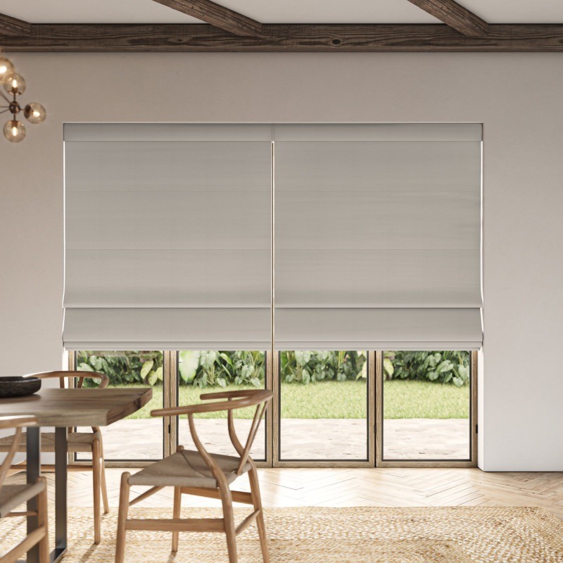 Meryl Graphite Pocketed Roman Blind in a bold grey fabric with a smart, tailored pocketed style
