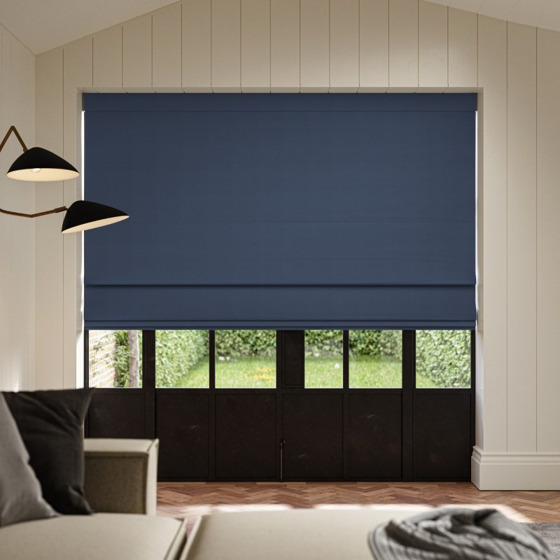 Meryl Indigo Pocketed Roman Blind in a deep indigo hue with clean, horizontal pocketed sections