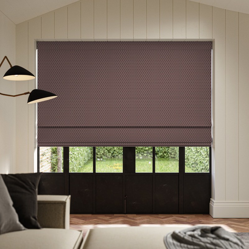 Ortega Berry Jacquard Roman Blind in a deep, warm berry red with a bold, graphic jacquard weave