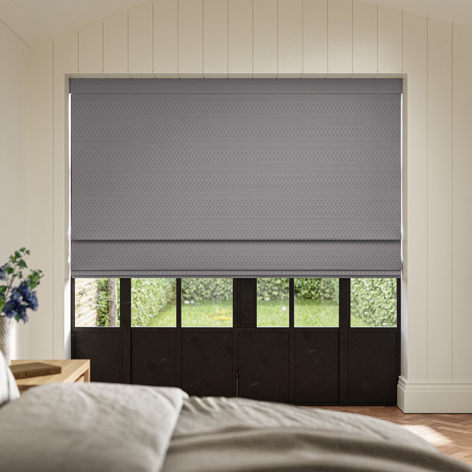 ortega graphite jacquard roman blind