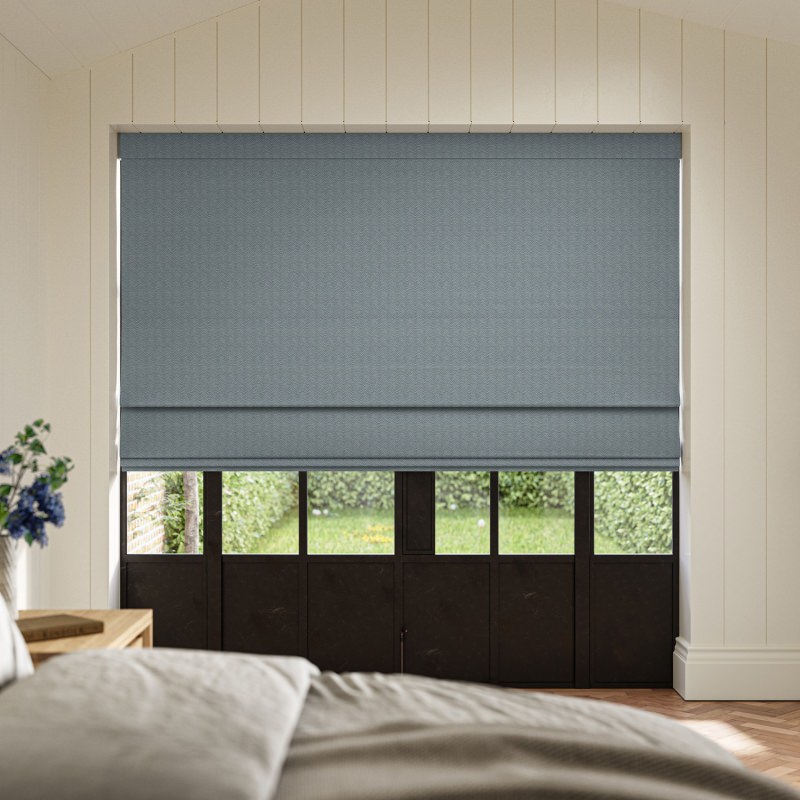 Ossie Denim Jacquard Roman Blind showcasing its modern, textured denim-effect jacquard weave