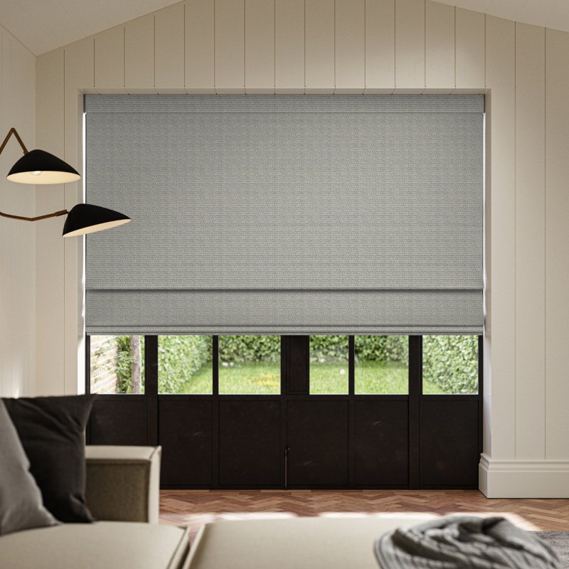 Pacino Denim Jacquard Roman Blind showing the subtle woven texture of the cool blue fabric