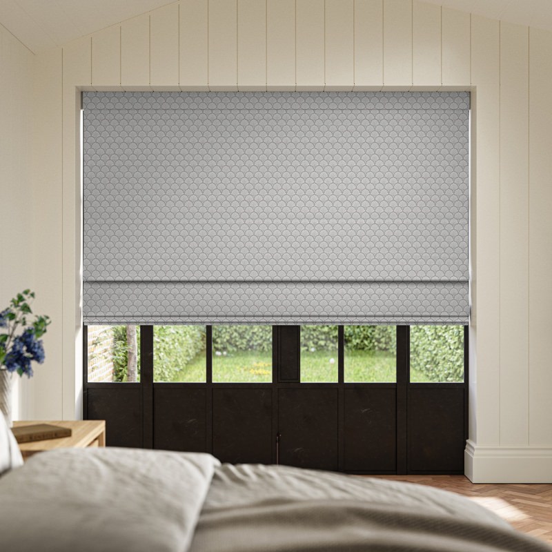 Paros Silver Jacquard Roman Blind with a shimmering silver jacquard weave that catches the light