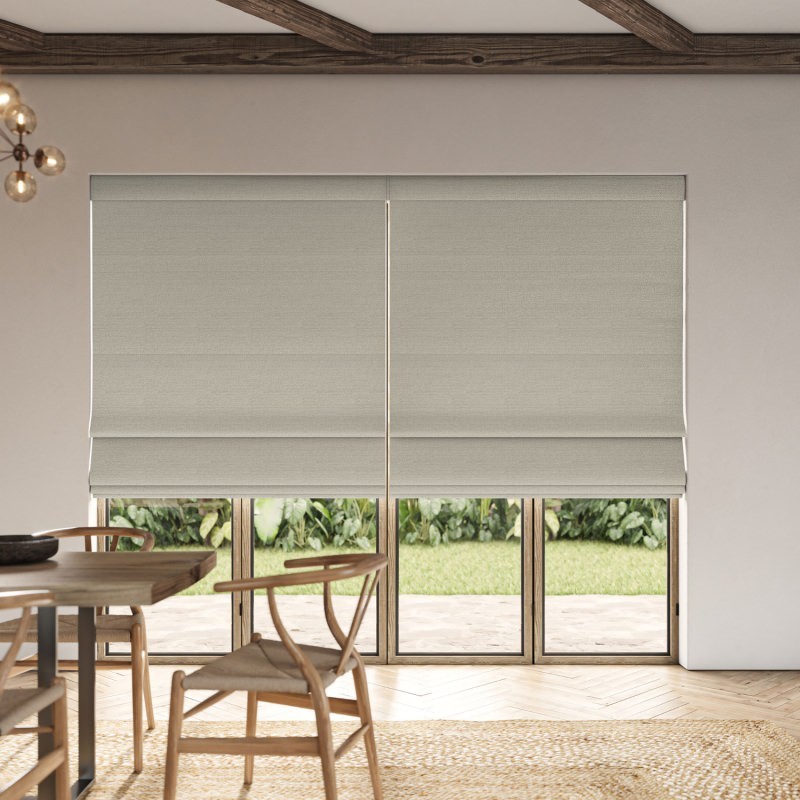 Penelope Dove Boucle Roman Blind in a soft grey, showing the deep, comforting boucle texture