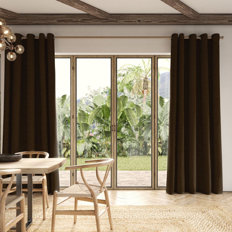 Penelope Walnut Boucle Curtain in a rich, warm brown with a comforting, tactile boucle fabric.