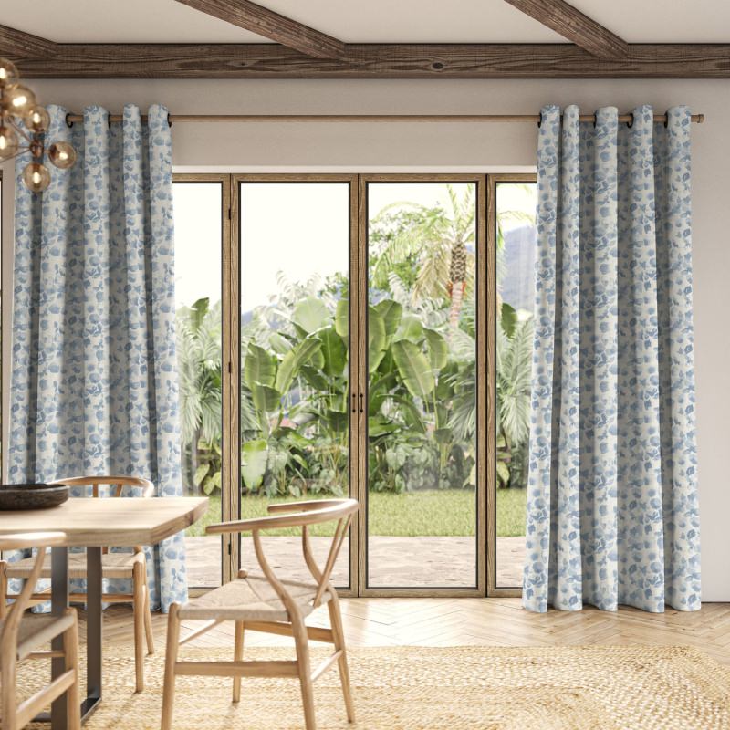 Priscilla Bluebell Printed Curtain with a delightful floral design in gentle shades of bluebell and green.