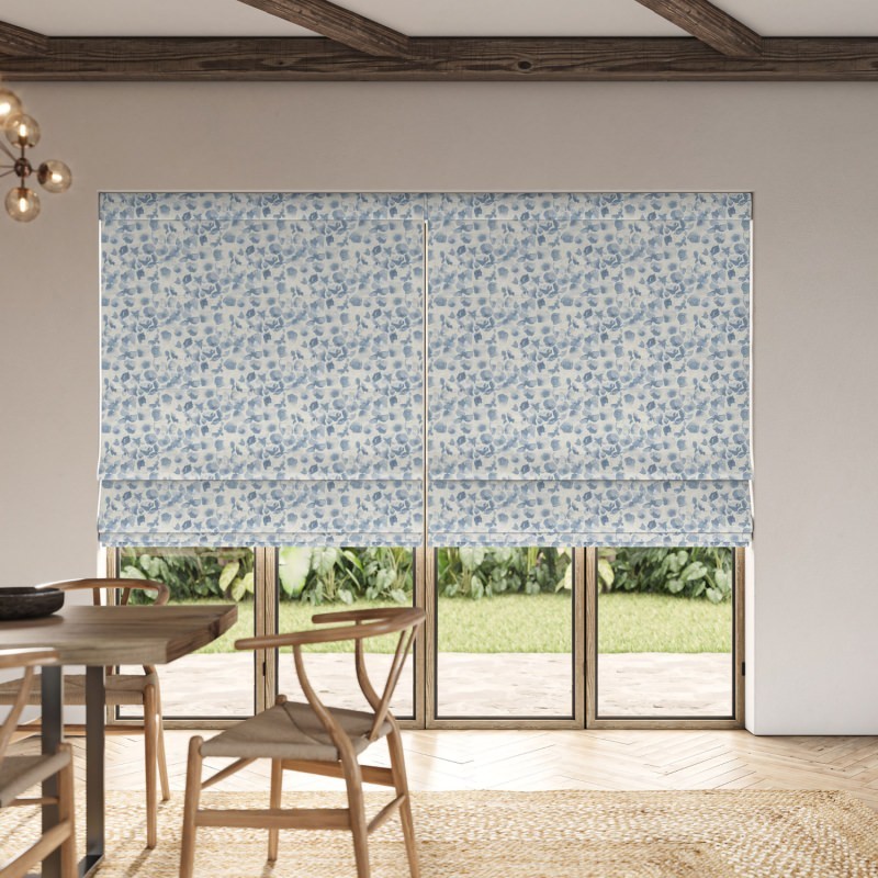 Priscilla Bluebell Printed Roman Blind with a delightful floral design in gentle shades of bluebell and green