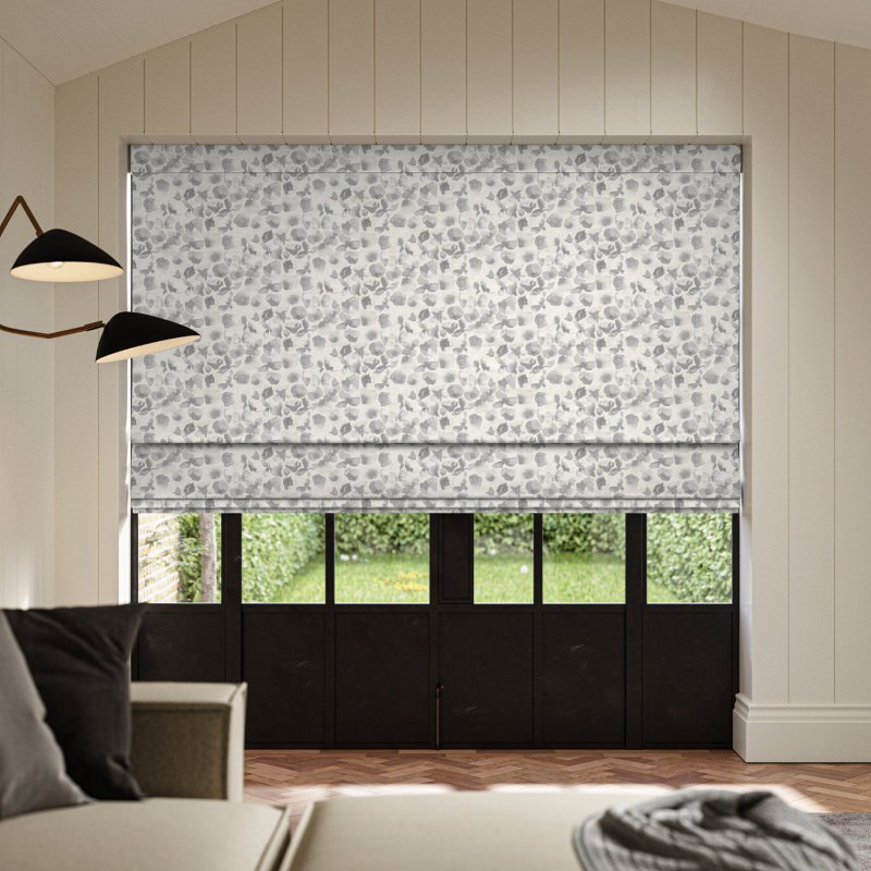 Priscilla Dove Printed Roman Blind with a beautiful, delicate floral pattern in soft shades of grey