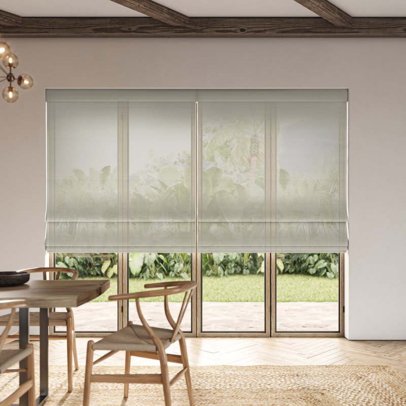 Rathlin Pebble Sheer Roman Blind, a natural grey sheer blind, gently diffusing daylight