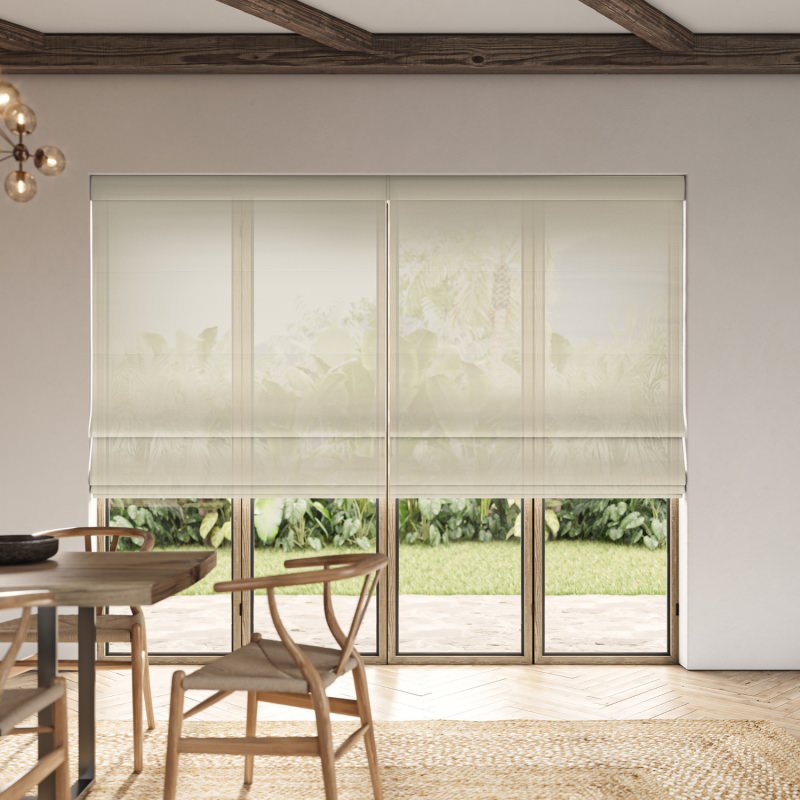 Rathlin Sand Sheer Roman Blind in a warm sandy hue, creating a sun-kissed, coastal feel