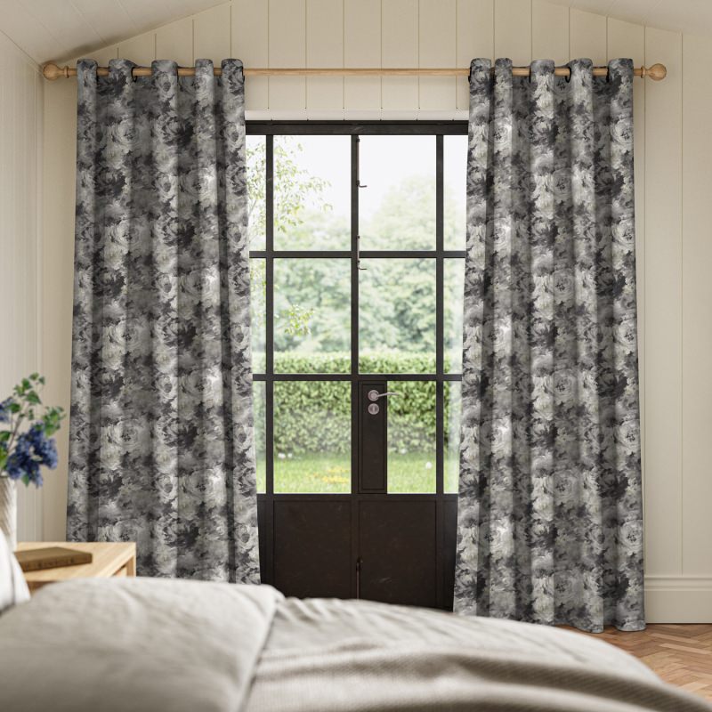 Rosella Ink Printed Curtain with a stunning, large-scale floral design against a deep, inky background.