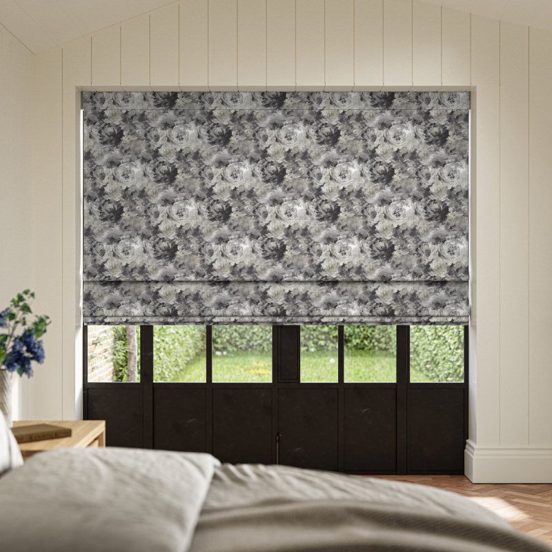 Rosella Ink Printed Roman Blind with a stunning, large-scale floral design against a deep, inky background