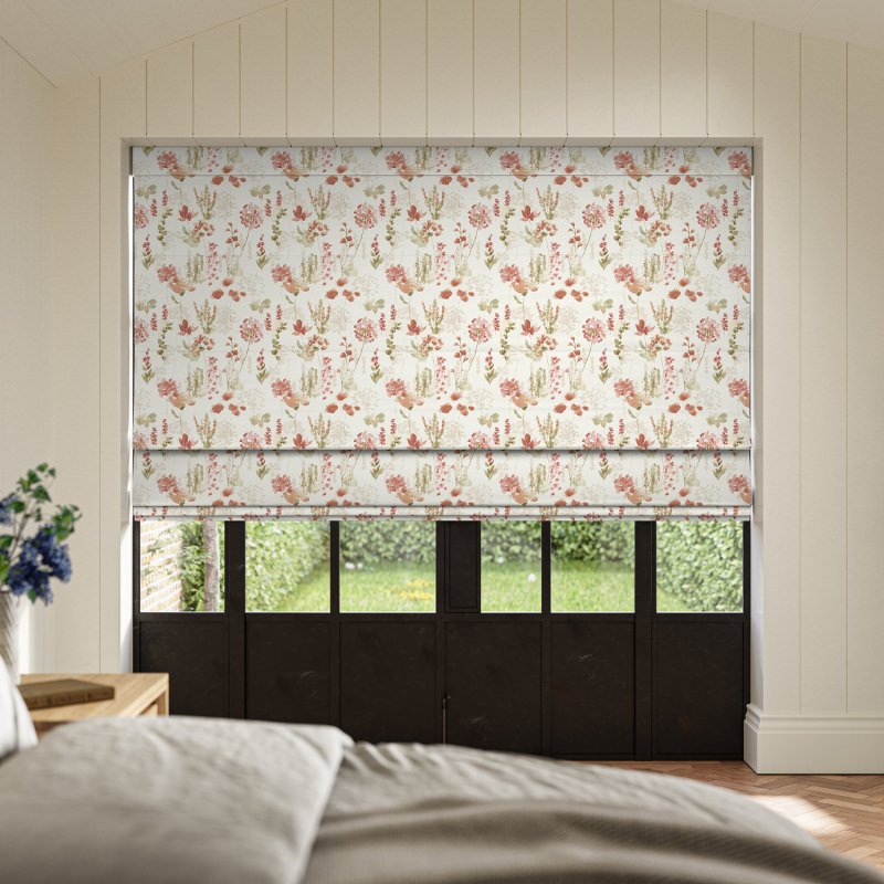 Rubina Berry Printed Roman Blind showcasing a rich floral design in deep berry tones