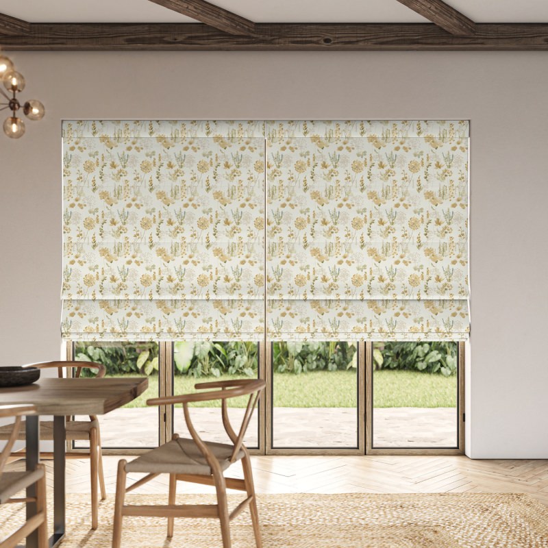 Rubina Maize Printed Roman Blind in a cheerful yellow with a delightful, sunny floral pattern