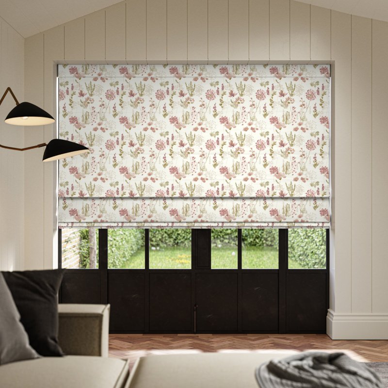 Rubina Peony Printed Roman Blind with a gentle, romantic floral design in soft peony pinks