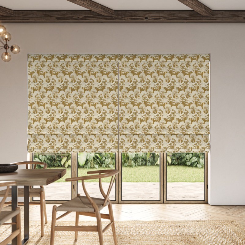 Ruby Ochre Jacquard Roman Blind in an earthy, golden ochre with a beautiful, lustrous woven design
