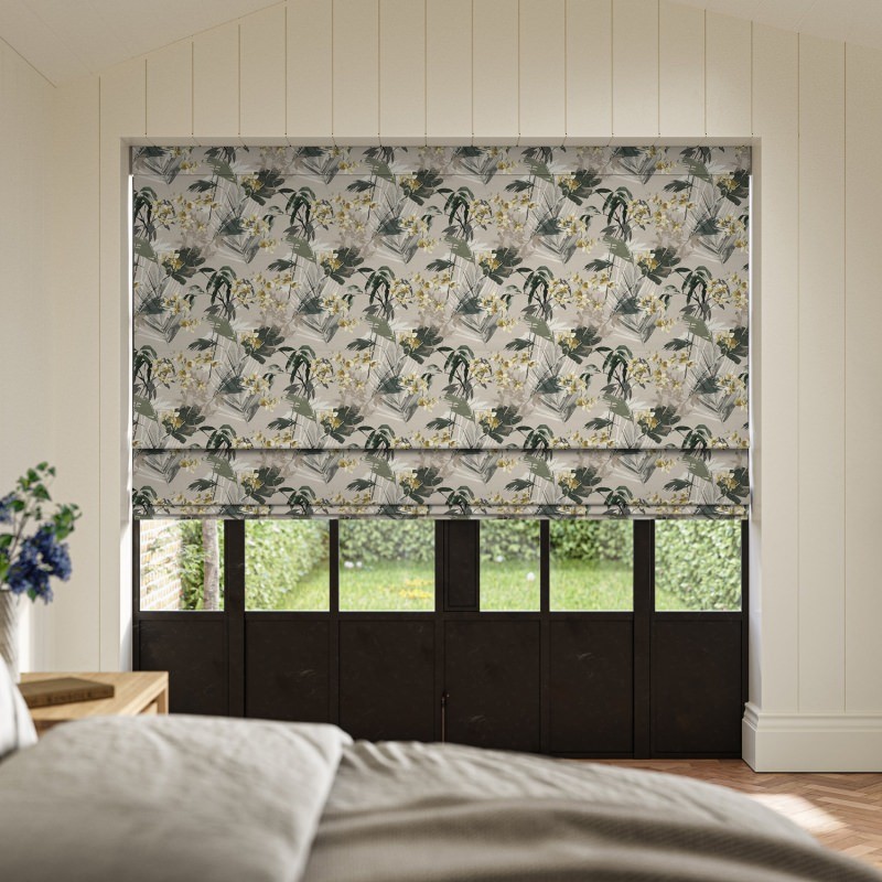 Sadie Gold Printed Roman Blind with an elegant, intricate pattern highlighted with beautiful golden tones