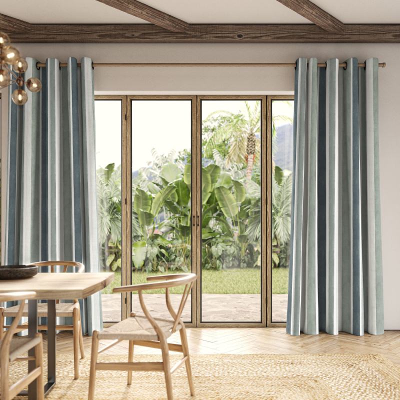 Serena Azure Printed Curtain showcasing a delicate pattern in a calming coastal blue.