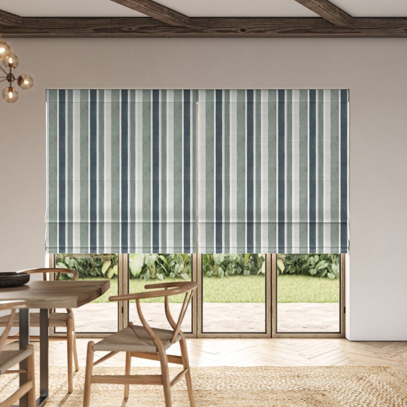 Serena Azure Printed Roman Blind showcasing a delicate pattern in a calming coastal blue