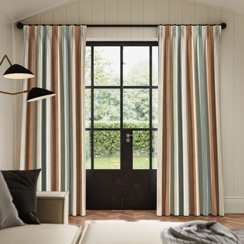 Serena Copper Printed Curtain with a lustrous copper-toned understated pattern.
