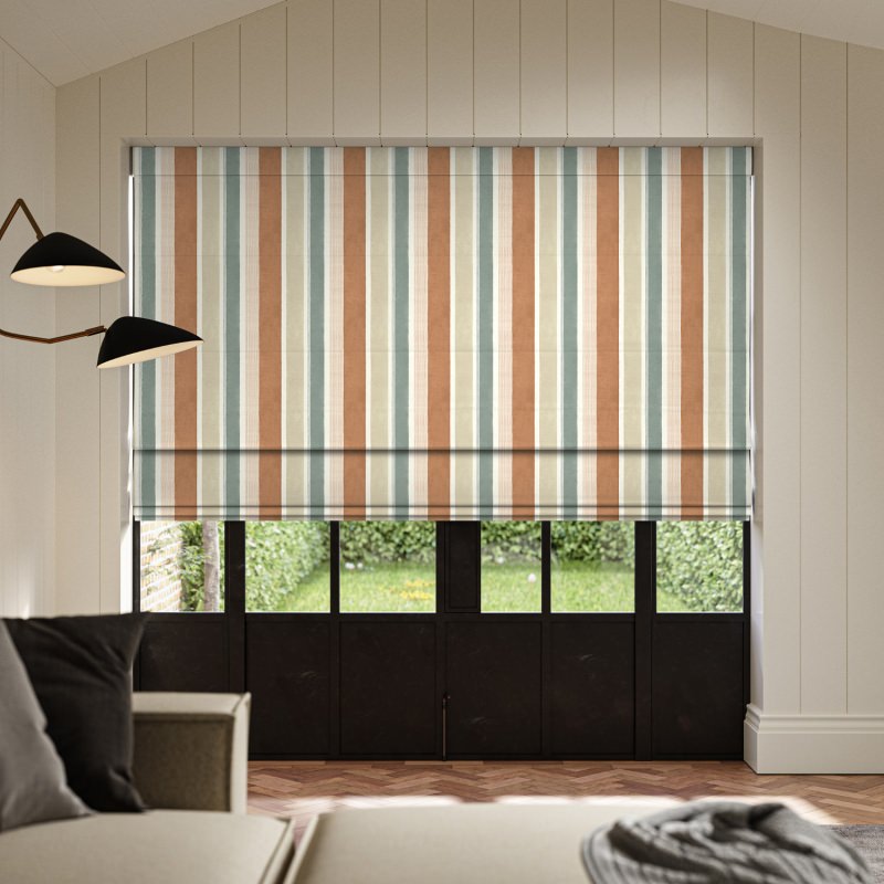 Serena Copper Printed Roman Blind with a lustrous copper-toned understated pattern