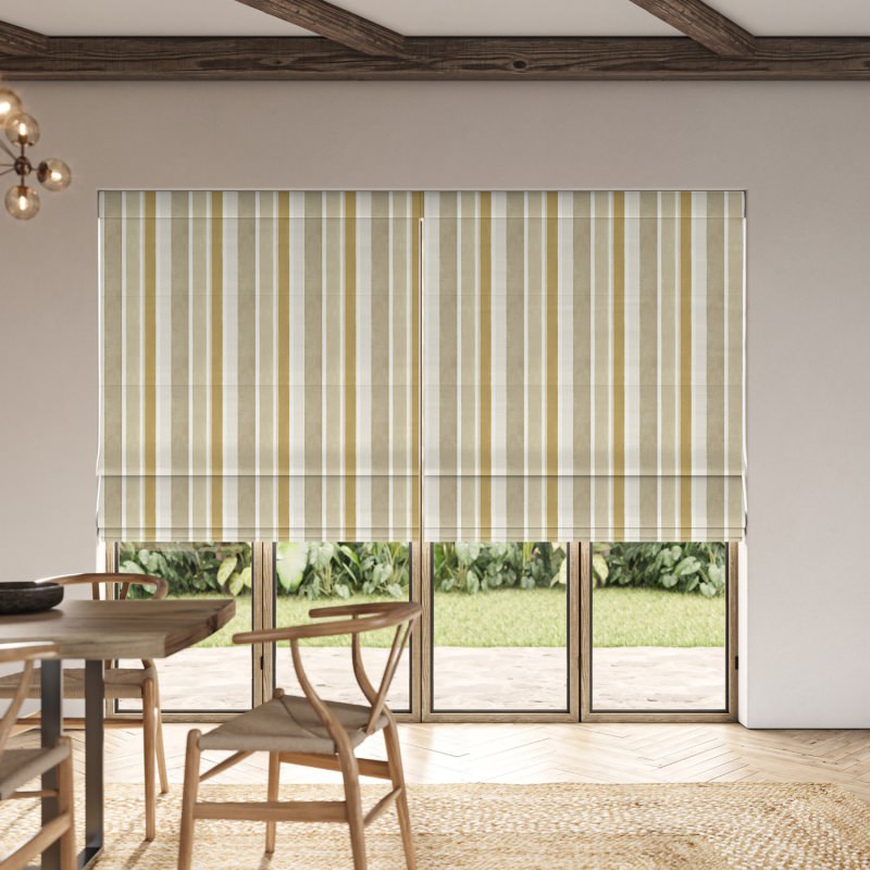 Serena Maize Printed Roman Blind in a cheerful, buttery yellow with a delicate print