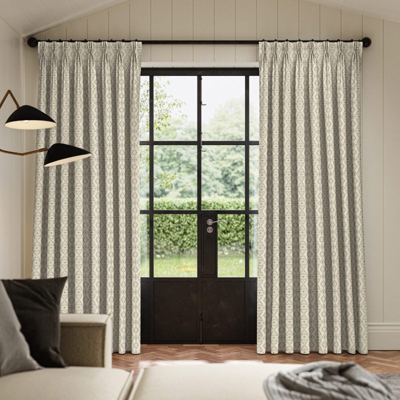 Shah Olive Printed Curtain showcasing a sophisticated and intricate olive green print.