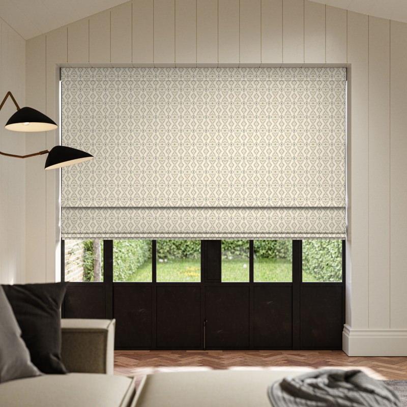 Shah Olive Printed Roman Blind showcasing a sophisticated and intricate olive green print on a flat blind