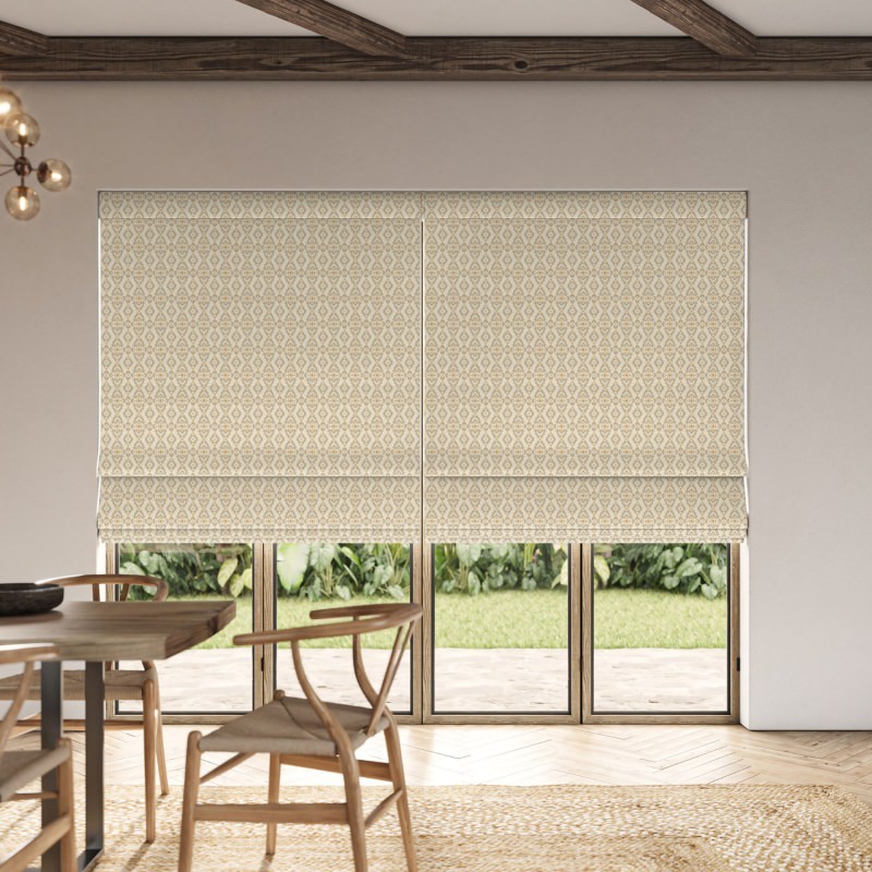 Shah Terracotta Printed Roman Blind featuring an earthy, warm, and richly detailed printed fabric