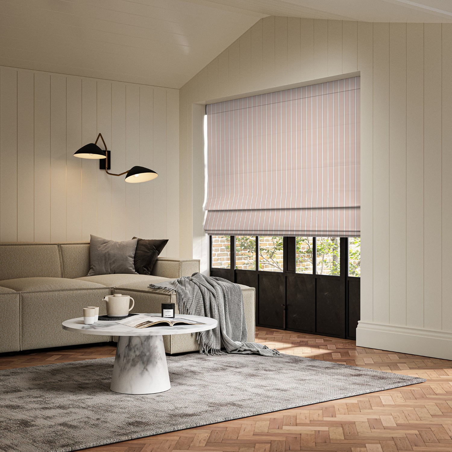 stefan blush printed roman blind