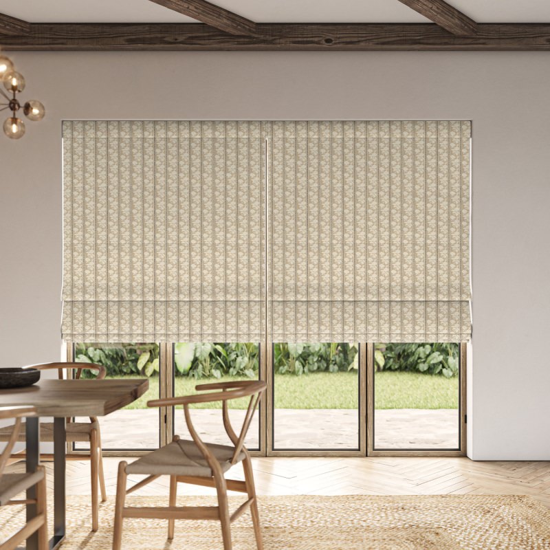 Tati Jute Printed Roman Blind with a striking, rustic pattern on a natural, jute-effect background