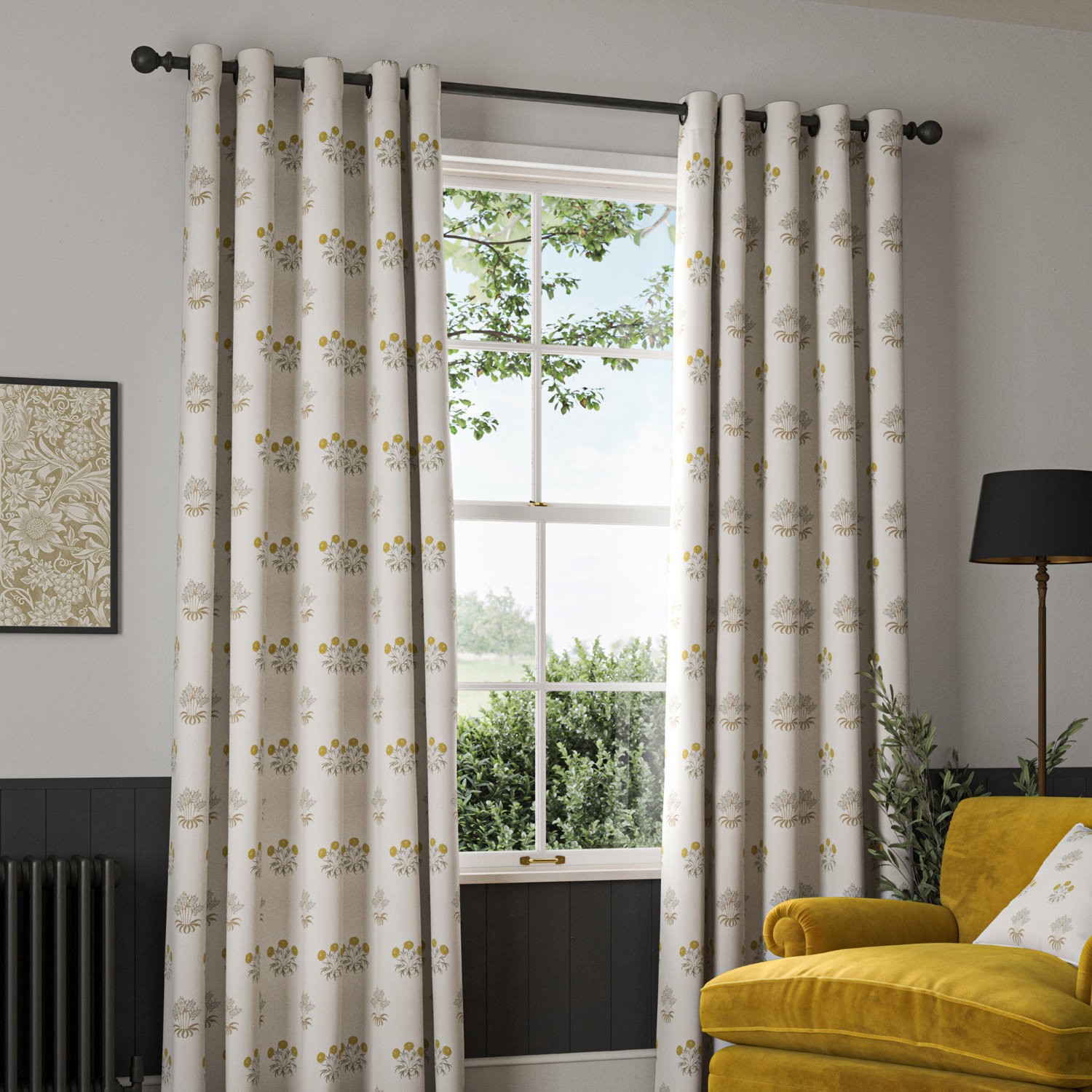 William Morris Lily Flower Embroidery Ochre Curtain
